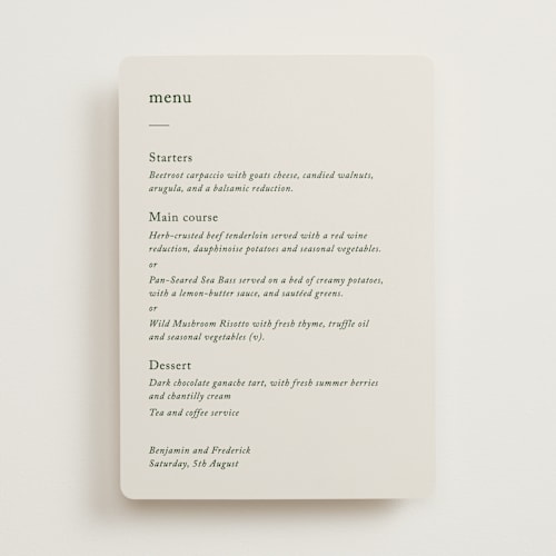 This is a forest menu cards with standard by Bethan called editorial printing on signature in 5x7