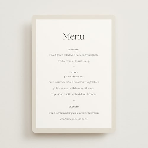 This is a sandstone menu cards with standard by Sara Hicks Malone called monogram edit printing on signature in 5x7