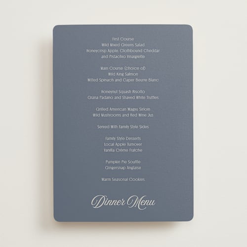 This is a french blue menu cards with standard by Nicoletta Savod called ritzy printing on signature in 5x7