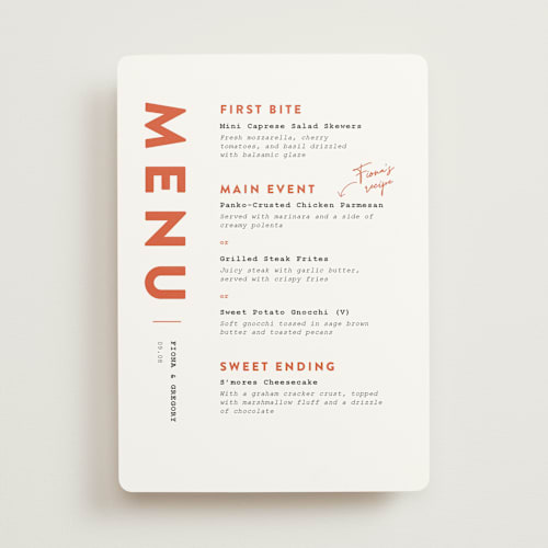 This is a persimmon menu cards with standard by Adelyn T. called fiesta printing on signature in standard