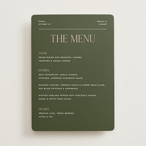 This is a olive menu cards with standard by Pixel and Hank called martini printing on signature in standard