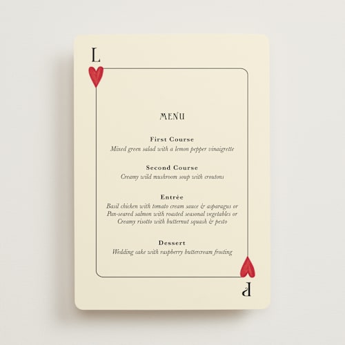 This is a champagne menu cards with standard by Helena Vitto called red hearts printing on signature in standard