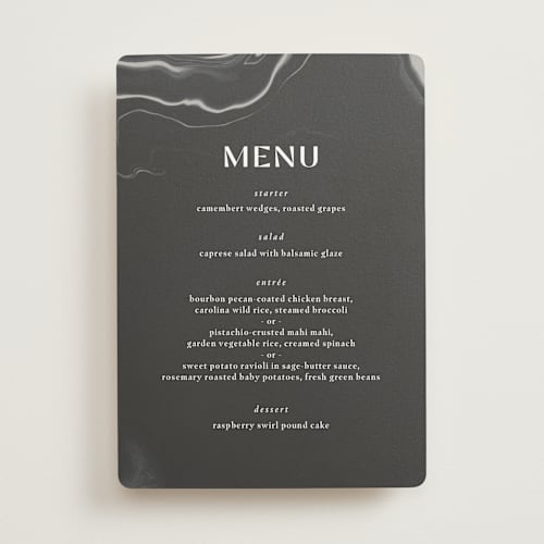 This is a iron menu cards with standard by Kimberley Henze called marbled agate printing on signature in standard