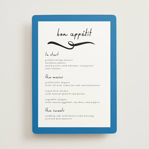 This is a cobalt menu cards with standard by mo kelley called swirl frame printing on signature in standard