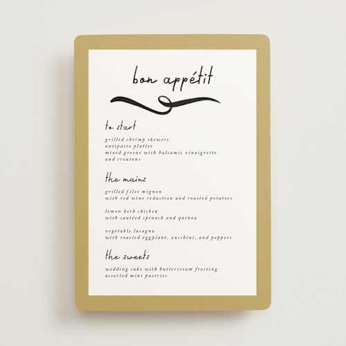 This is a butterscotch menu cards with standard by mo kelley called swirl frame printing on signature in standard