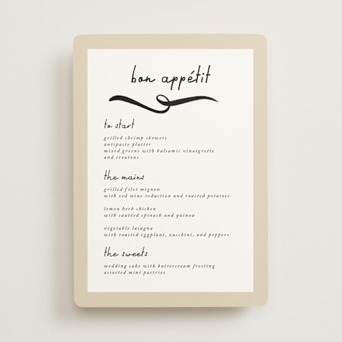 This is a champagne menu cards with standard by mo kelley called swirl frame printing on signature in standard