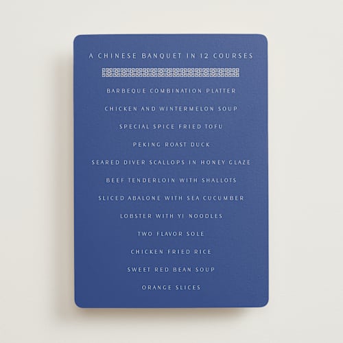 This is a marseille bleu menu cards with standard by Deborah Chou called two toned printing on signature in standard