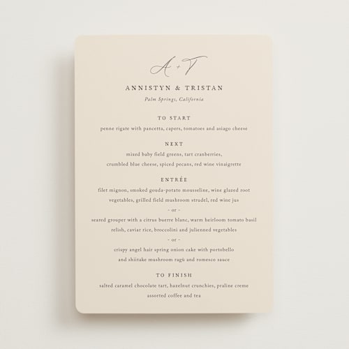 This is a mocha menu cards with standard by Jennifer Postorino called love story printing on signature in 5x7