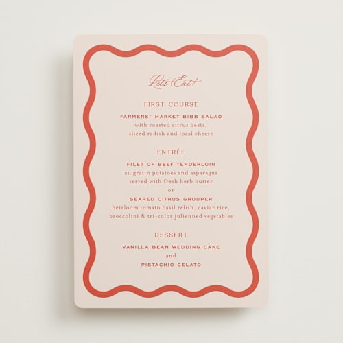 This is a verona sunset menu cards with standard by Megan Davis called racquet printing on signature in 5x7
