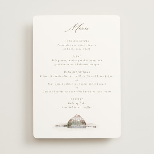 This is a fawn menu cards with standard by AK Graphics called rustic barn printing on signature in standard