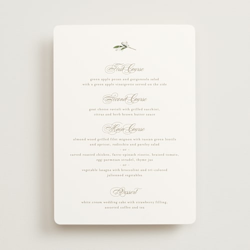 This is a champagne menu cards with standard by Jennifer Postorino called soft sprigs printing on signature in standard