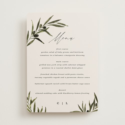 This is a creme menu cards with standard by Kate Ahn called tuscan hill printing on signature in standard