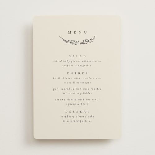 This is a almond menu cards with standard by Brianne Larsen called branched printing on signature in standard