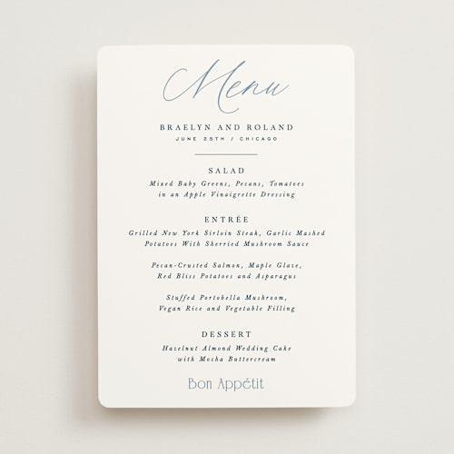 This is a navy menu cards with standard by Hooray Creative called modern romance printing on signature in standard