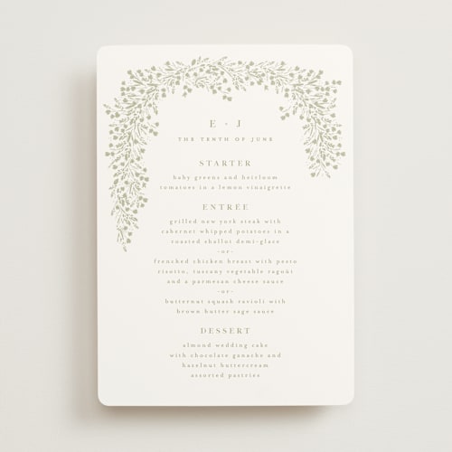 This is a leaf menu cards with standard by Kristie Kern called villa printing on signature in 5x7