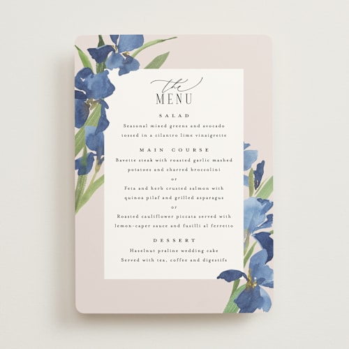 This is a natural menu cards with standard by Everett Paper Goods called irises printing on signature in standard