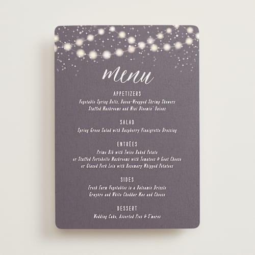 This is a plum menu cards with standard by Hooray Creative called garden lights printing on signature in standard