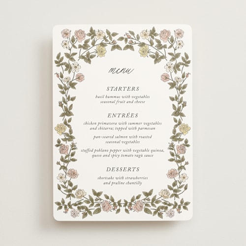 This is a snow menu cards with standard by Cedar and Grey called vintage roses printing on signature in standard