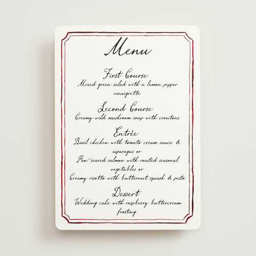 This is a wine menu cards with standard by Cass Loh called handwritten printing on signature in 5x7