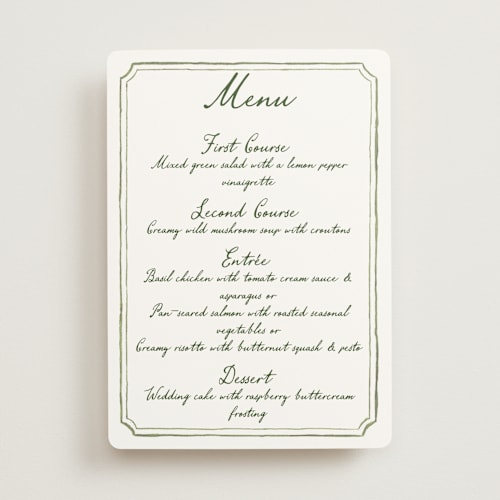 This is a moss menu cards with standard by Cass Loh called handwritten printing on signature in 5x7