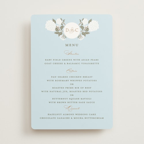 This is a sky menu cards with standard by Susan Zinader called hydrangea garden printing on signature in standard