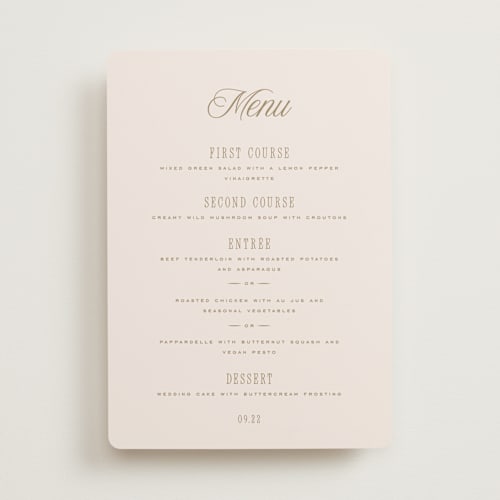 This is a pearl menu cards with standard by Leah Bisch called felicity printing on signature in standard