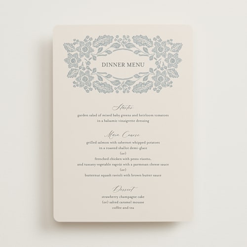 This is a dusty blue menu cards with standard by Jen Owens called embroidered printing on signature in standard