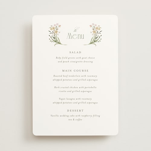 This is a olive menu cards with standard by Jennifer Wick called delicate buds printing on signature in standard