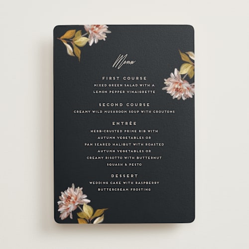 This is a navy menu cards with standard by Olivia Kanaley Inman called dahlia season printing on signature in standard