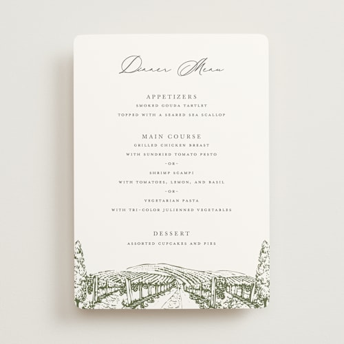 This is a olive menu cards with standard by Sarah Brown called vineyard printing on signature in standard