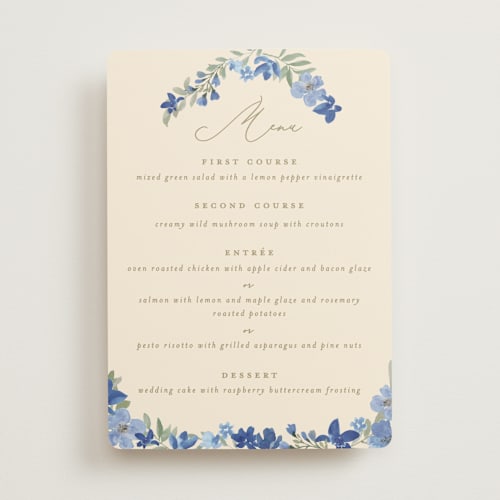 This is a blueberry menu cards with standard by Creo Study called nilgiri printing on signature in 5x7