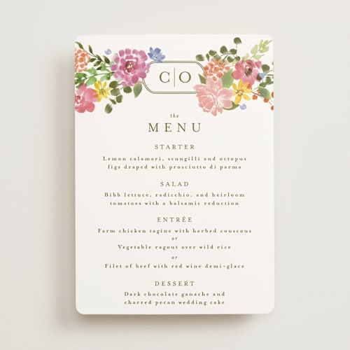This is a summer menu cards with standard by Angela Marzuki called garland monogram printing on signature in standard