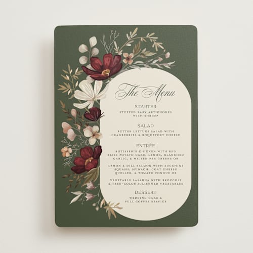This is a vert menu cards with standard by Erin Deegan called fleur sauvage printing on signature in standard