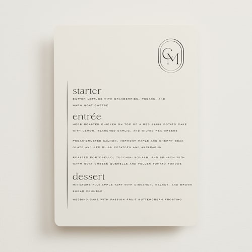 This is a latte menu cards with standard by Jackie Crawford called modern monogram printing on signature in standard