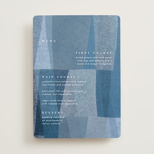 This is a seaside menu cards with standard by Carrie Moradi called denim patchwork printing on signature in standard