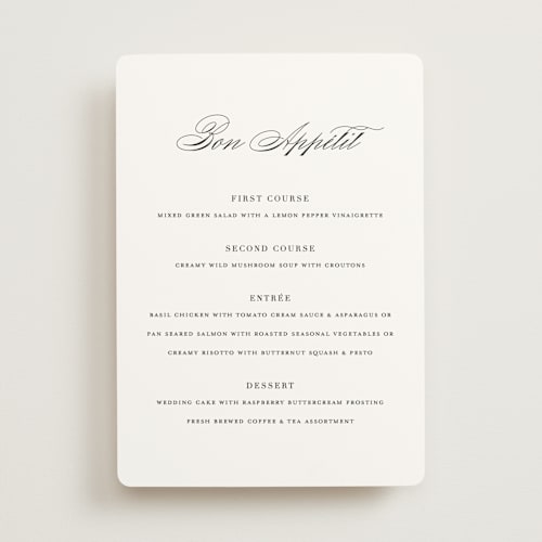 This is a snow menu cards with standard by Brandy Folse called classically elegant printing on signature in standard