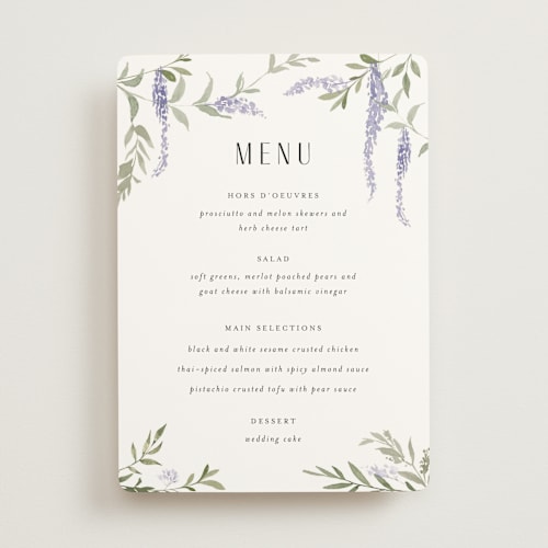 This is a lavender menu cards with standard by Design Lotus called enchanted evening printing on signature in standard