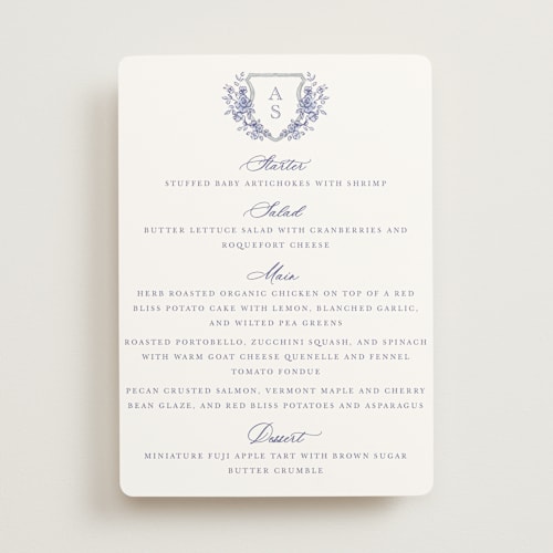 This is a dusty blue menu cards with standard by Cass Loh called watercolor flowers crest printing on signature in 5x7
