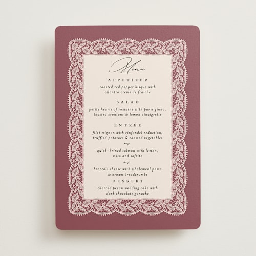 This is a mauve menu cards with standard by Erica Krystek called chantilly printing on signature in standard