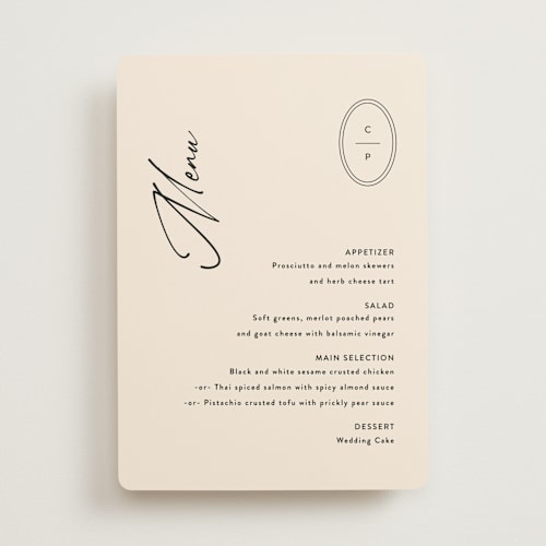 This is a sand menu cards with standard by Carolyn MacLaren called script and monogram printing on signature in standard