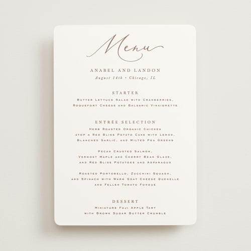 This is a pearl menu cards with standard by Hooray Creative called luxe script printing on signature in standard
