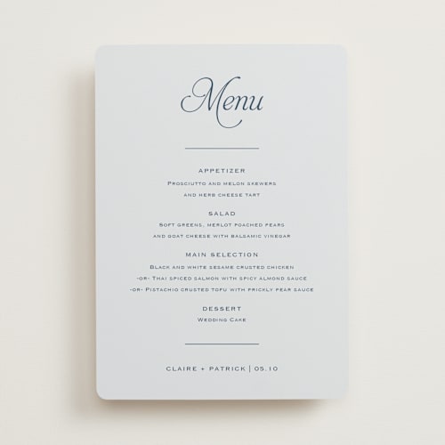 This is a powder menu cards with standard by Carolyn MacLaren called modernne printing on signature in standard