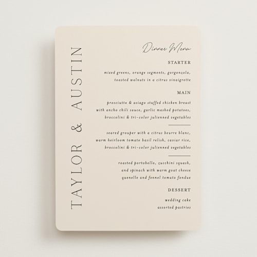 This is a linen menu cards with standard by Vanessa Doyle called in love printing on signature in 5x7