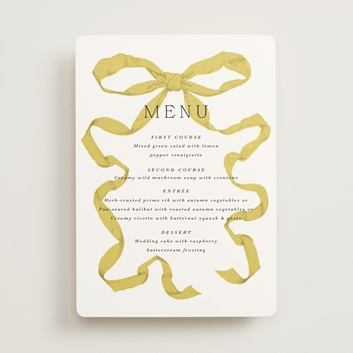 This is a citrine menu cards with standard by Olivia Kanaley Inman called antique ribbon printing on signature in 5x7