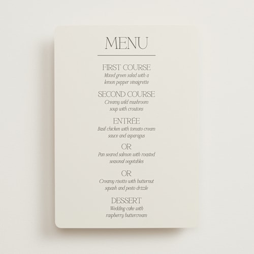 This is a stone menu cards with standard by Ashlee Townsend called modernique printing on signature in standard