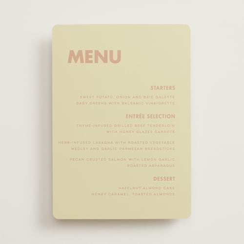 This is a salmon menu cards with standard by Ellen Schlegelmilch called sienna printing on signature in standard