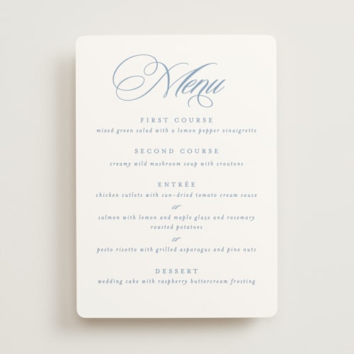 This is a sky menu cards with standard by Creo Study called aristocratic printing on signature in 5x7