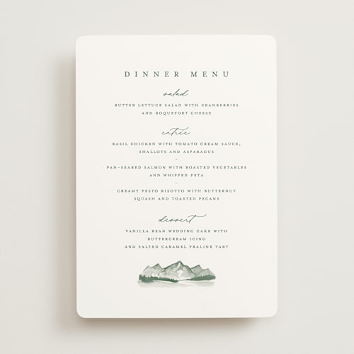 This is a pine menu cards with standard by Amy Kross called mountain ridge printing on signature in 5x7