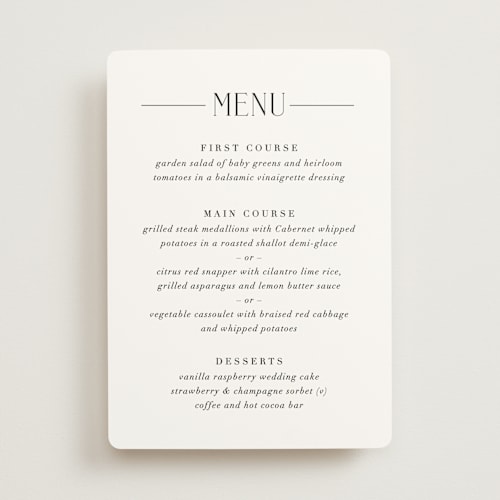 This is a caviar menu cards with standard by Olivia Raufman called grand scale printing on signature in 5x7