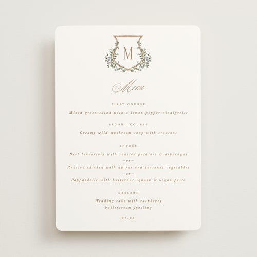 This is a lake menu cards with standard by Leah Bisch called arbour printing on signature in 5x7